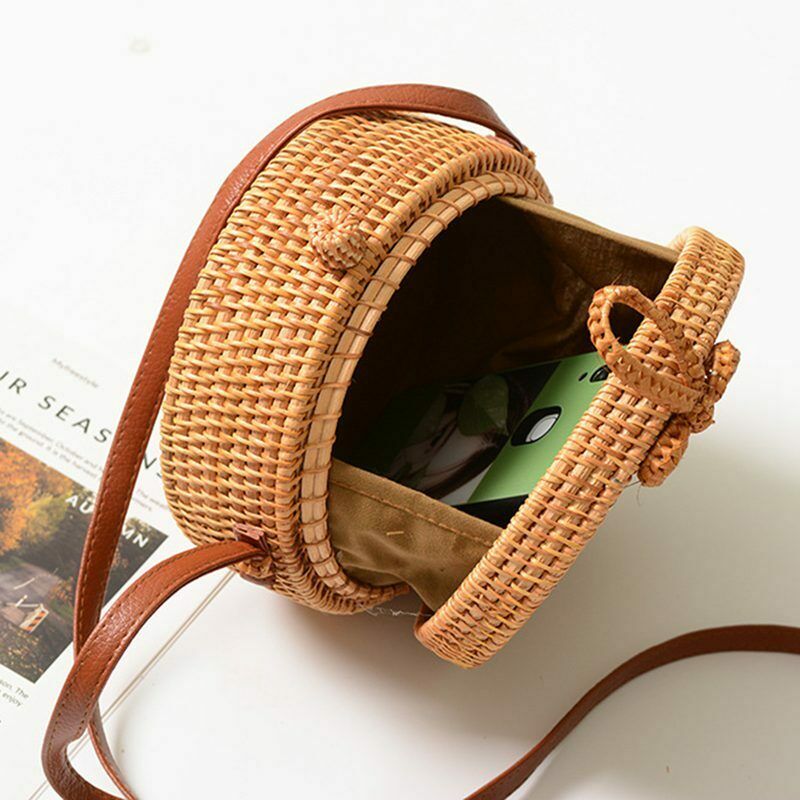 Round Women Summer Rattan Bag Handmade Woven Beach Cross Body Bag Circle Bo M6G8