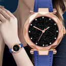 Women PU Leather Quartz Luxury Starry Sky Crystal Dial Analog Watch (Blue) A
