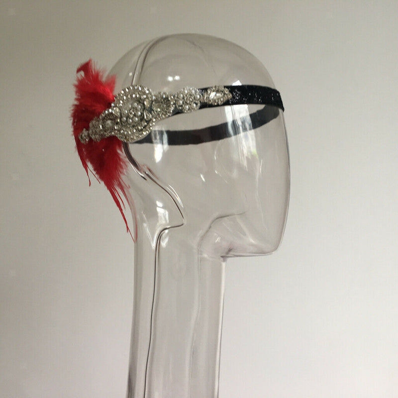 Woman Feather Fascinator Headband 1920s  Rhinestone Forehead Headdress