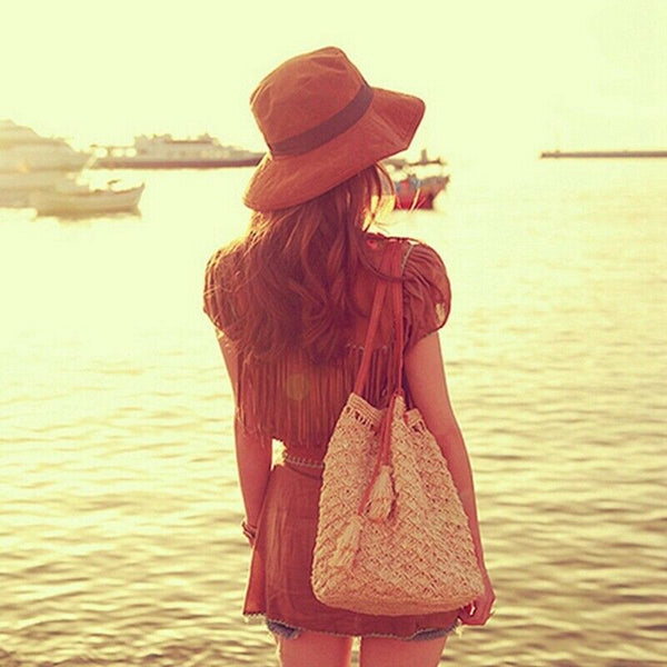 Ladies Modern Tassel Straw Knitted Ladies Handbag Handbag Shoulder Bag Perf Z8C9