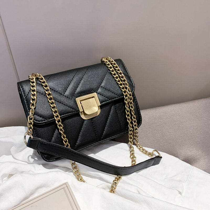 Women Leather Crossbody Bags Small Shoulder Messenger Chain Handbag (Black)
