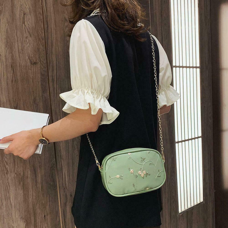 Lace Flower Shoulder Handbags Women Chain PU Leather Crossbody Bags (Green)