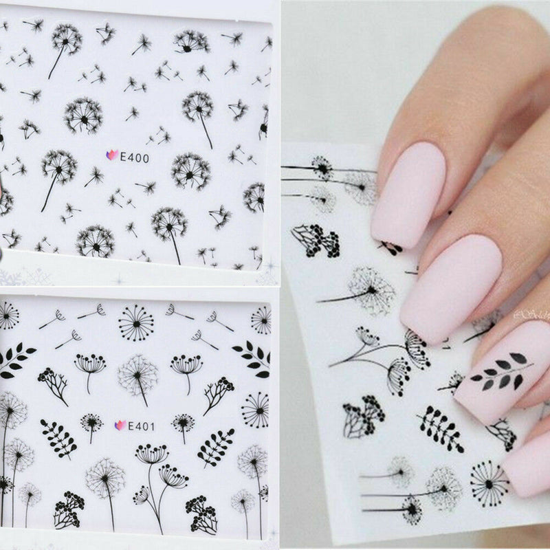 2X Nail Art Water Transfers Decals Stickers Black Dandelions Floral Gel Polish