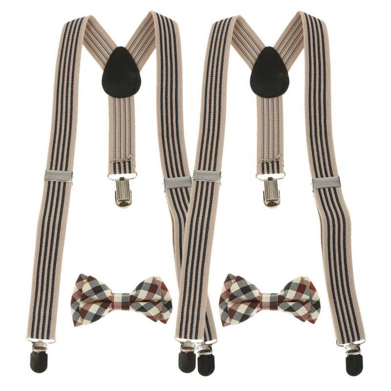 2Sets Boys Adjustable Suspenders Clip-on Braces Belts with Plaid Bowties Set
