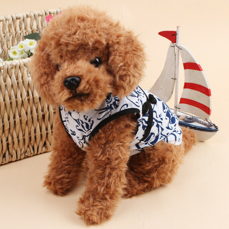 Puppy Dog China Fashion Style Blue and white floral Print T-shirt Summer Ve