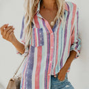 Women Fashion Lapel Long Sleeve Color Striped Print Button Down Shirt Ladie
