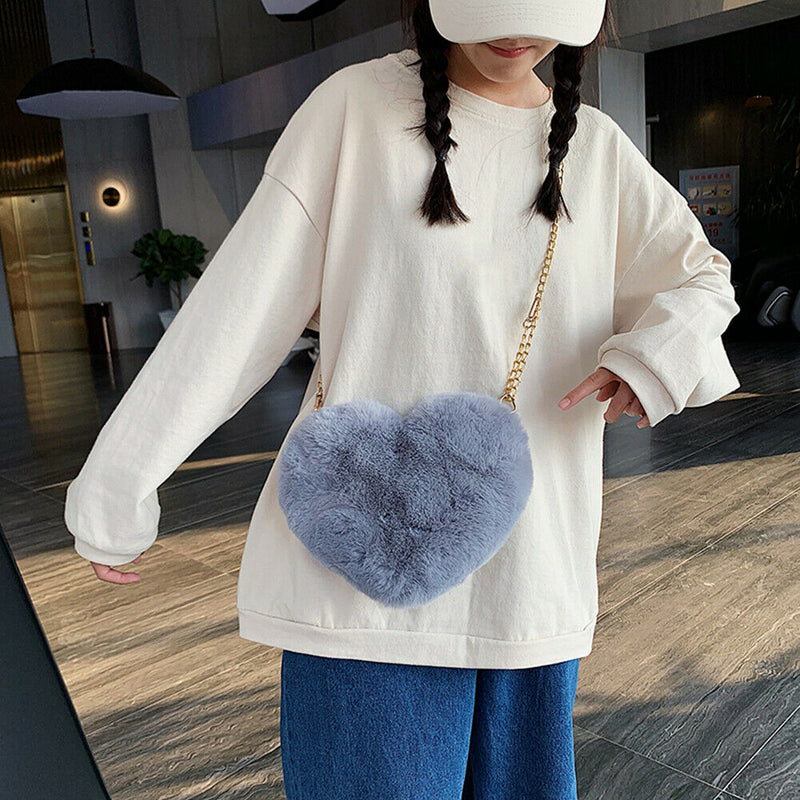 Heart Shaped Messenger Bag Women Girl Plush Shoulder Handbag (Dark Grey)
