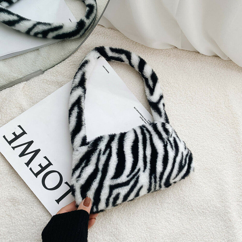 Animal Pattern Underarm Bag Women Mini Plush Shoulder Handbags Purse (4)