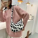 Casual Cow Printed Handbag Women Shoulder Crossbody Bag Plush Dumpling Tote