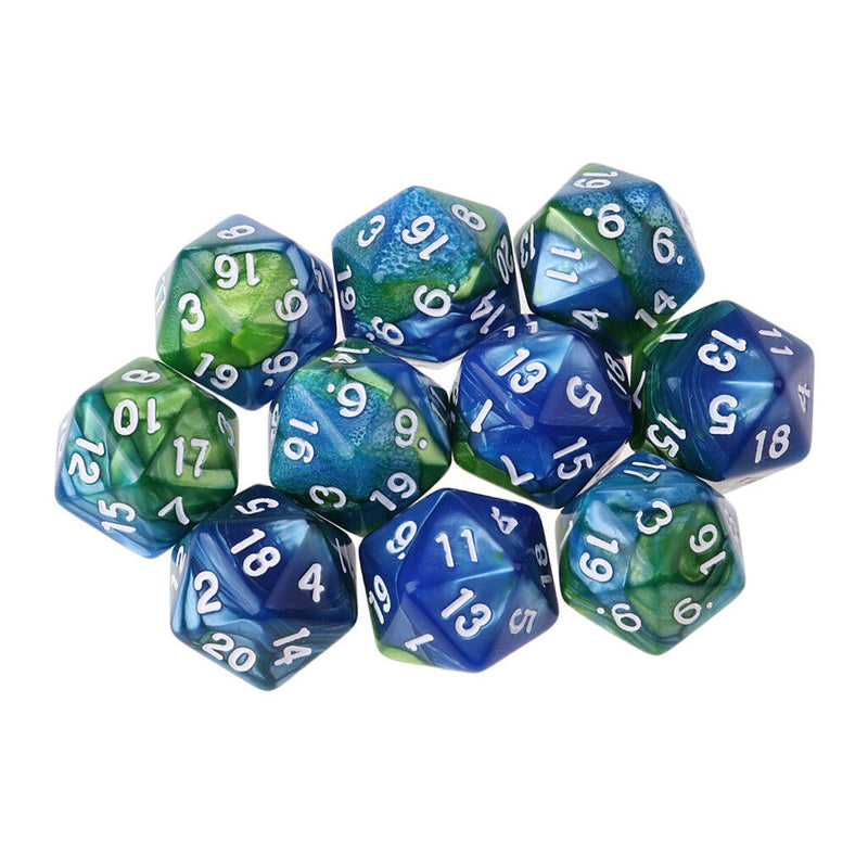 Set of 10 Blue Green D20 Acrylic Dice for RPG D&D Gaming Twenty Sided Die