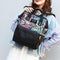 Tropical Plant Print Travel Big Backpacks Nylon Women School Bags (Black)