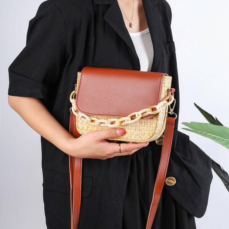 Woven Straw Shoulder Bag Women PU Splicing Beach Travel Small Money Pouch