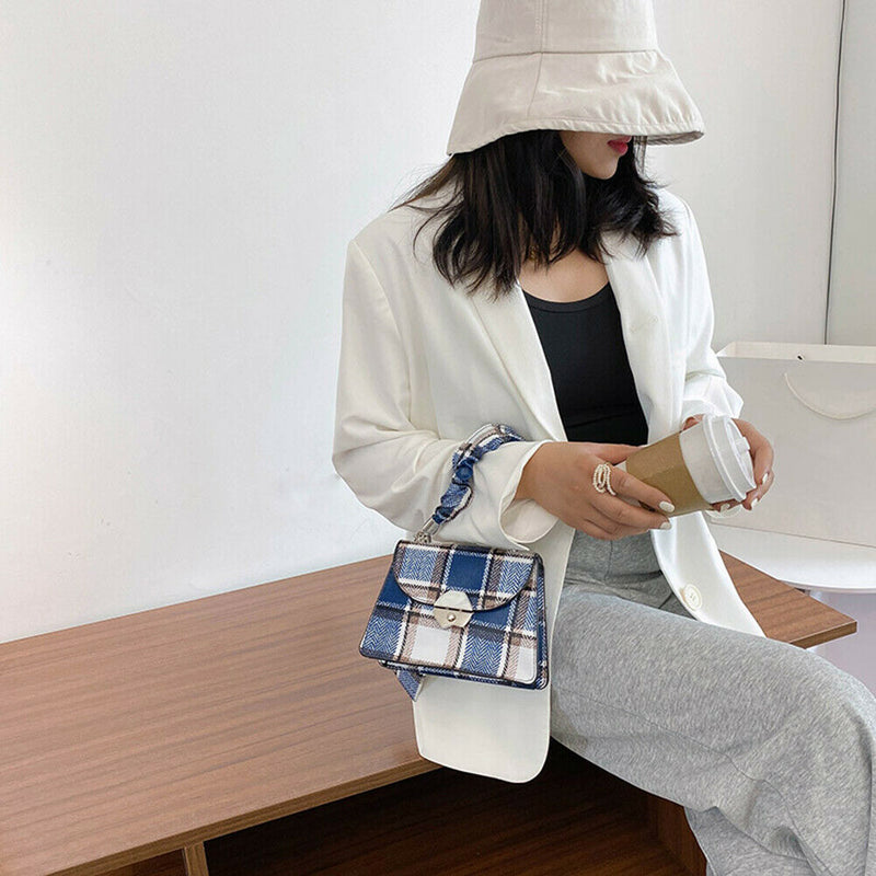 Fashion Plaid PU Women Shoulder Bag Pleated Handle Chain Handbag (Blue)