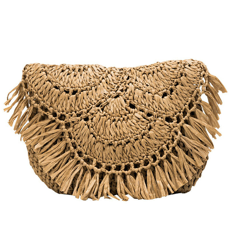 Summer Straw Tassel Shoulder Bag Women Beach Messenger Satchel Bags (Brown)