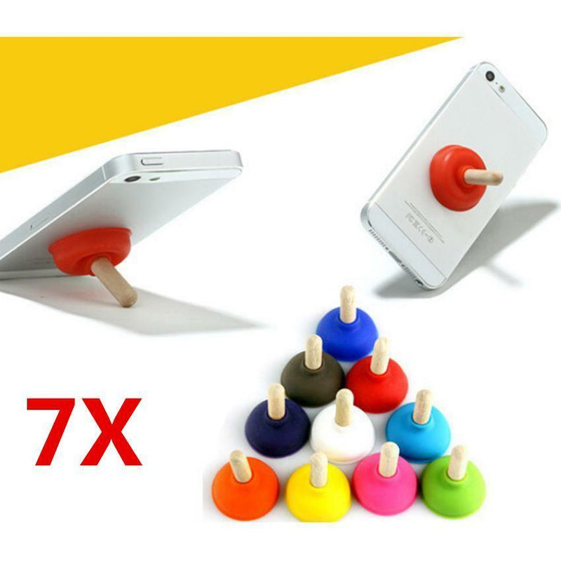 7pc Mini Wooden Hanle Toilet Shape Plunger Rubber Cell Phone Sucker Holder Stand