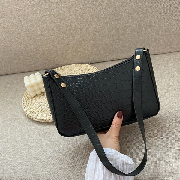 Women Alligator PU Leather Handbag Ladies Zip Totes Shoulder Bags (Black)