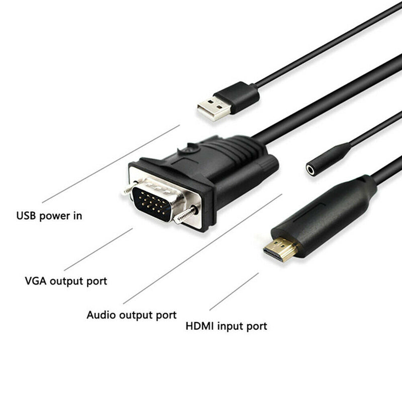 6ft HDMI to VGA Adapter w/Audio Male to Male Cable for PC Monitor Projector A