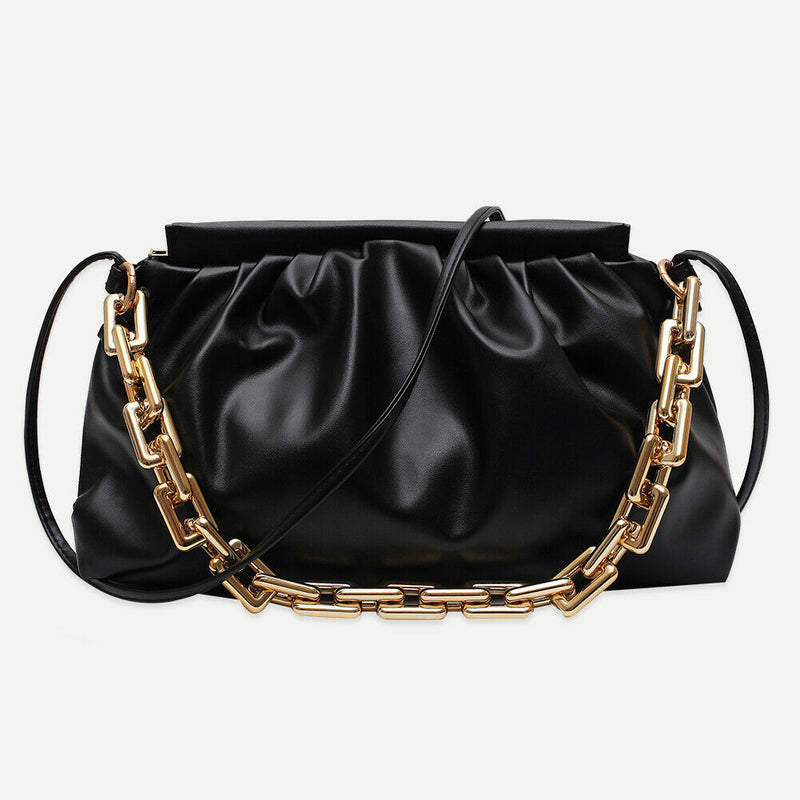 Women Pleated Shoulder Bag Chain Totes PU Cloud Messenger Handbag (Black)