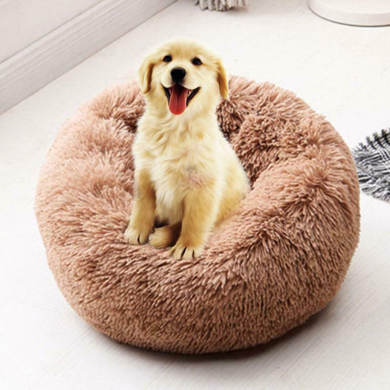 Round Soft Dog Bed Plush Kennel Nest Velvet Foldable Pet Mat (Coffee XS) A