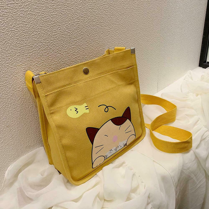 2pcs/set Women Canvas Cat Print Shoulder Satchel Handbags Pen Bag (Yellow) A