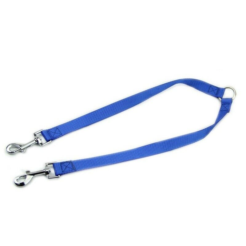 Blue Nylon Double Dual Two Pets Dogs Leash 1 Lead 2 Way Coupler Walk Neckla