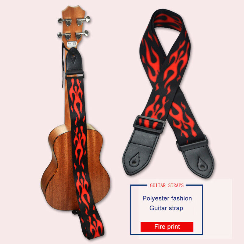 Leather Folk Guitar Strap Adjustable Belt Musical Instrument Parts (Flame) A