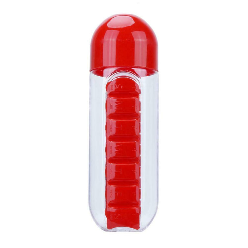 600ML Plastic 2 In 1 Combine Daily Pill Box Drinking Bottles Cups(Red)