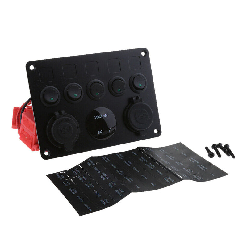 Green LED Dual USB Port Charger Voltmeter 5 Gang Toggle Switch Panel Black