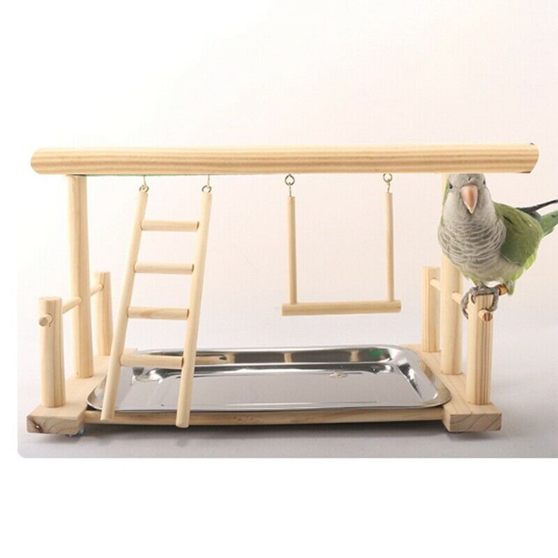 Wood Play Stand and Stainless Steel Tray Pet Bird Frame Station Parrots Pla G4J2