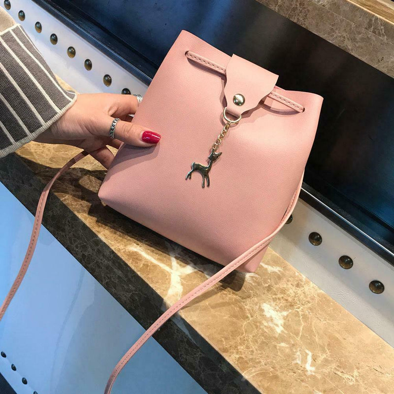 Women Leather Shoulder Bucket Bag Deer Pendant Handbag Messenger Bag(Pink)