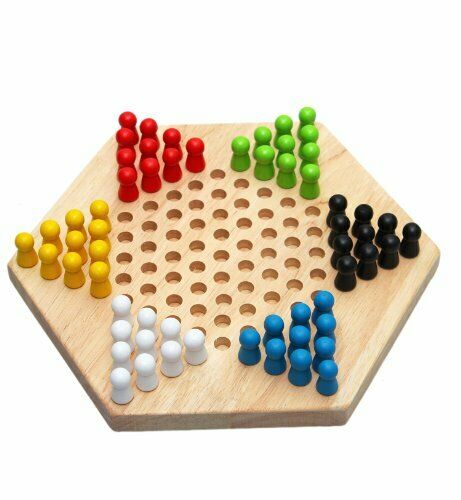 Traditional Hexagon Wooden Chinese Checkers Family Game Set W5J3