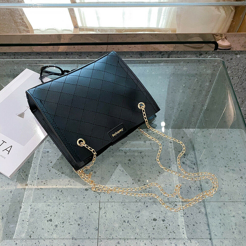 Lattice Pattern Women Shoulder Handbag Leather Chain Crossbody Bag (Black)