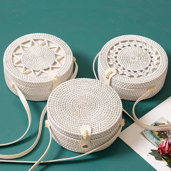 New White Round Rattan Bags For Women Boho Beach Crossbody Bag Straw Handma P2E3