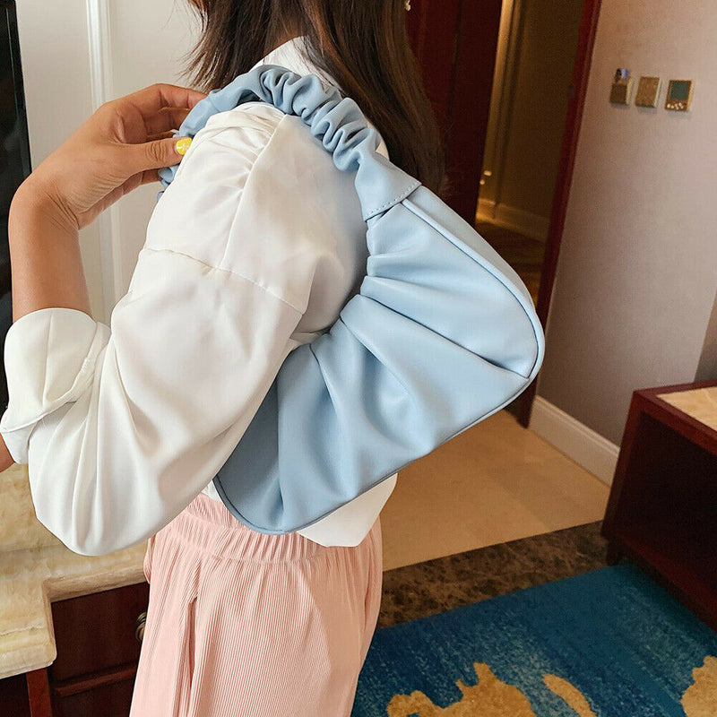 Elegant Pleated Handbag Women Leather Travel Totes Shoulder Bag (Blue)