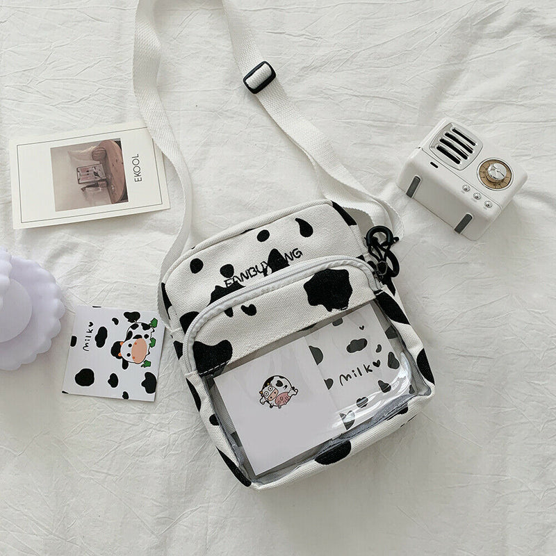 Canvas Women Crossbody Bags Cow Print Clear Splicing Shoulder Pouch (1)