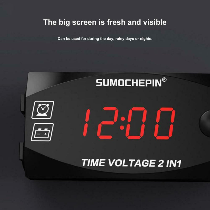 12V Motorcycle Electric Vehicle 2-in-1 Digital Display Voltmeter Time Clock
