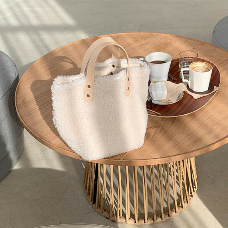 Splicing Leather Plush Casual Shoulder Top-handle Bag Autumn Handbag for Female
