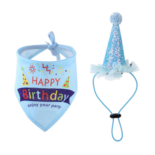 Pet Cat Dog Happy Birthday Headwear Hat Saliva Towel Party Costume (Blue) A#S