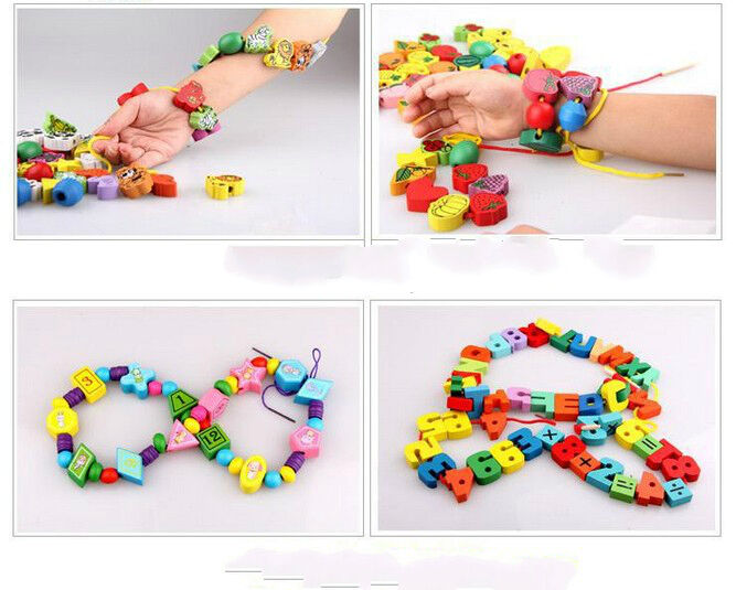 55XWooden Lacing Fruit Alphabet  Beads Box Threading Educational Toy3Cx