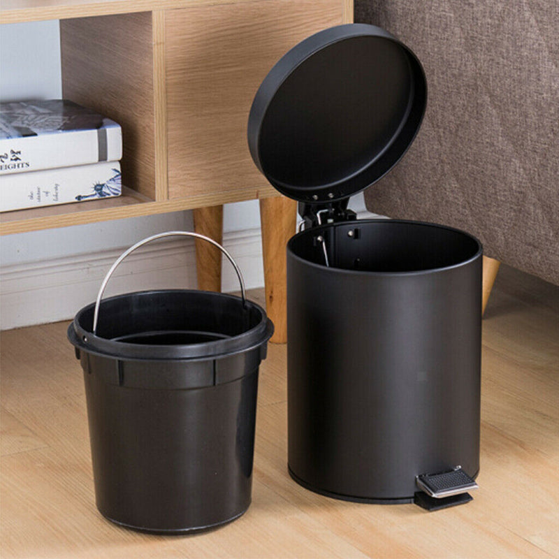 5L Round Metal Step Trash Can Bathroom Silent Wastebasket Garbage Bin Black