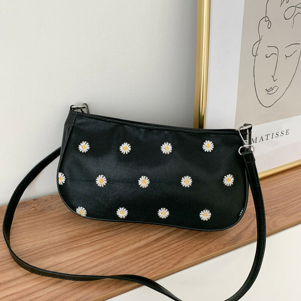 Daisy Flower Crossbody Bag Women PU Elegant Shoulder Tote Handbag (Black) A#S