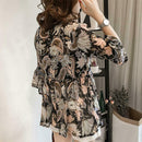 Women Plus Size Floral Print Chiffon Loose V-Neck Sleeve Top (Brown) (L)