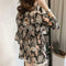Women Plus Size Floral Print Chiffon Loose V-Neck Sleeve Top (Brown) (L)