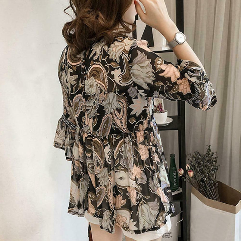 Women Plus Size Floral Print Chiffon Loose V-Neck Sleeve Top (Brown) (L)