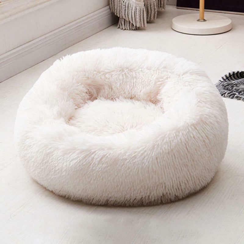 Round Soft Dog Bed Plush Kennel Nest Velvet Foldable Pet Mat (Beige XS)
