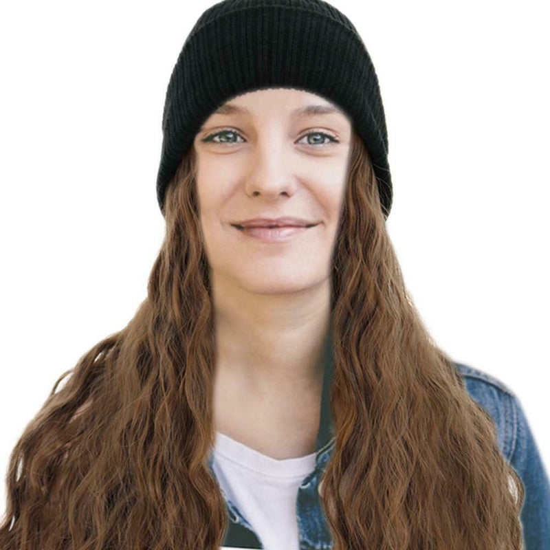 Women Synthetic Wig Beanie Wool Hat Fashion Wig Hair Extensions Brown Attached