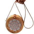 Printing Round Rattan Crossbody Bag,Straw Boho Bag For Women Purse Handmade