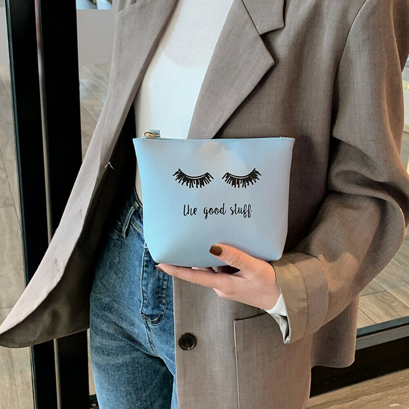 Women Travel Cosmetic Clutch Bag Leather Letter Print Makeup Pouch (Blue) A