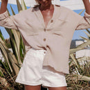 Long Sleeve Blouse Women Turn Down Collar Plain Cardigan Tops (Khaki XL)