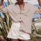 Long Sleeve Blouse Women Turn Down Collar Plain Cardigan Tops (Khaki XL)